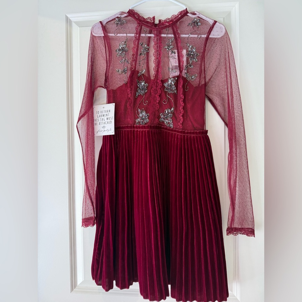 Free People Burgundy Embroidered Mini Dress